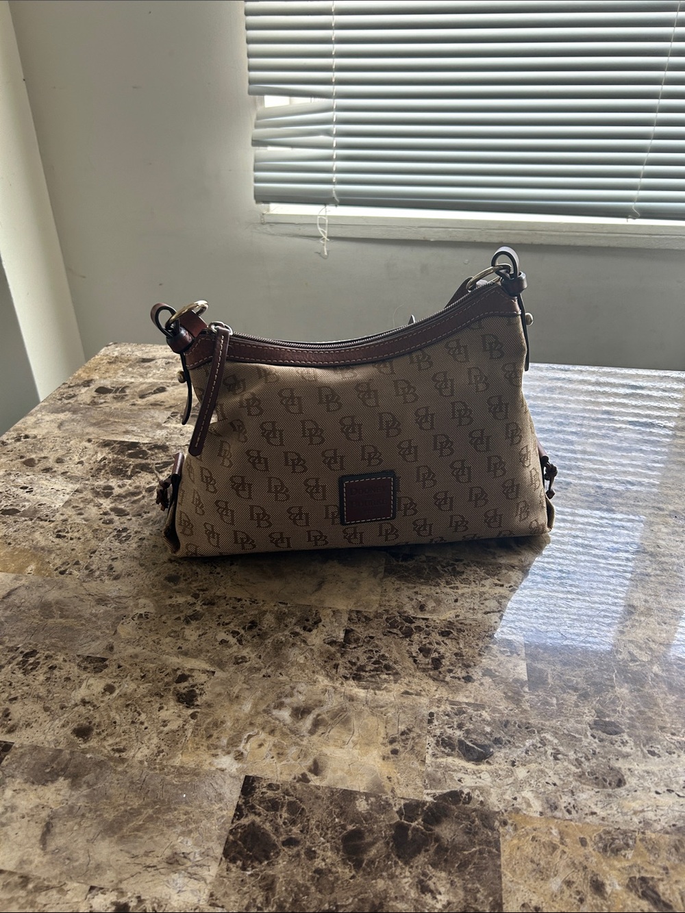 Dooney & Bourke Beige Canvas Shoulder Bag with Brown Trim